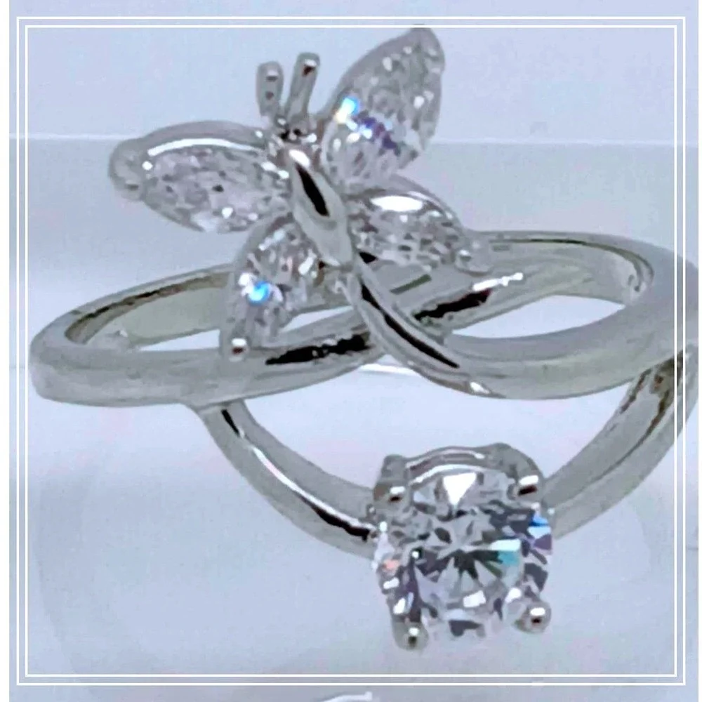 Vintage 1990s‎ Butterfly Bypass Ring Silver Tone Marquise Round Stones Size 7.5